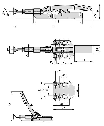 Toggle clamps variable with thrust rod