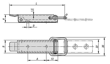 Latches, stainless steel with DIN 3133 draw bail, fastening holes concealed