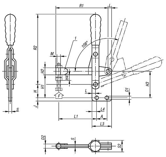 Toggle clamps verticalwith straight foot and full clamping lever
