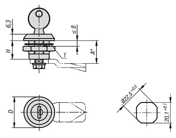 Quarter-turn lock, lockable, stainless steel 1.4401, housing diameter 30 mm
