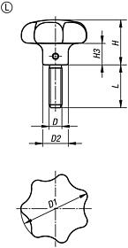 Star grips similar to DIN 6336, stainless steel, Form L, with external thread - inch
