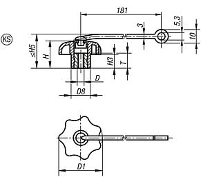 Star grips with safety cable similar to DIN 6336, internal thread, Form KS - inch