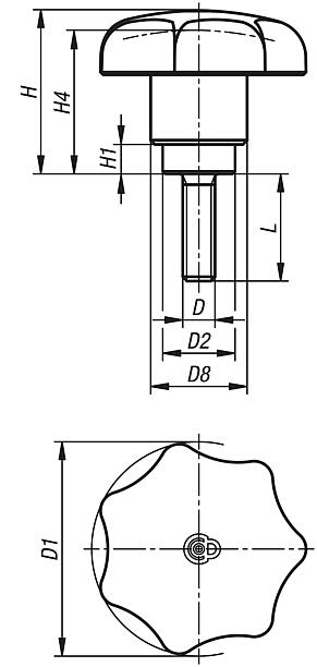 Star grips, plastic with safety function, with external thread