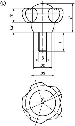 Five lobe grips, plastic with cap, threaded inserts steel or stainless steel, with external thread