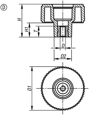 Knurled knobs, metal parts stainless steel, Form D, with tapped bush, without cap