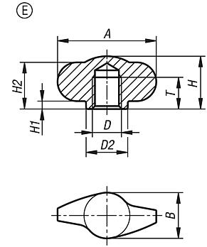 Wing grips "Miniwing" stainless steel, Form E, tapped blind hole
