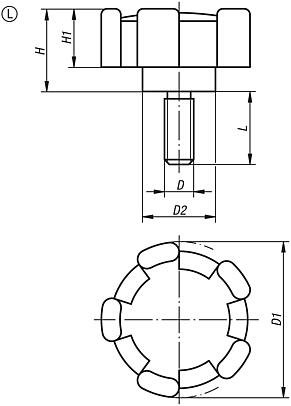 Five lobe grips, plastic, threaded insert steel, with external thread