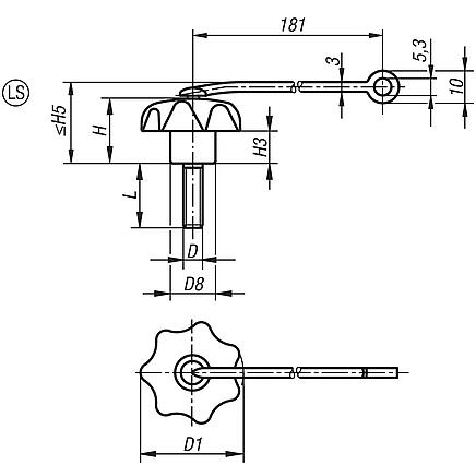 Star grips with safety cable 
similar to DIN 6336, steel parts stainless steel, external thread, Form LS