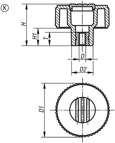 Knurled knobs, metal parts stainless steel, Form K, with tapped bush, with cap - inch
