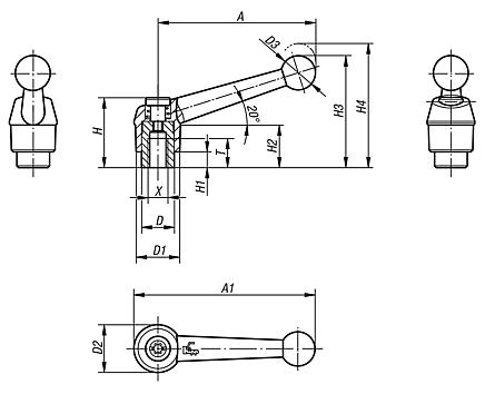 Clamping levers, die-cast zinc, with internal thread, black and silver, threaded insert stainless steel - inch