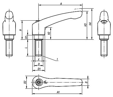 Clamping levers, die-cast zinc with external thread, satin finish, threaded insert black oxidised steel - inch