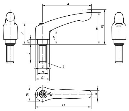 Clamping levers, die-cast zinc with external thread, satin finish, threaded insert stainless steel - inch