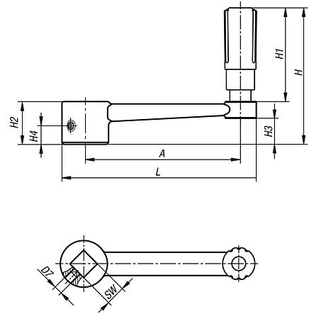 Crank handles 
cylindrical revolving grip with square socket