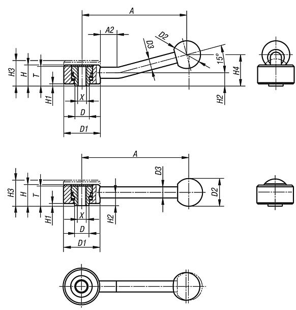 Tension levers, flat, internal thread