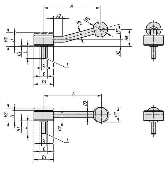 Tension levers flat, external thread, stainless steel