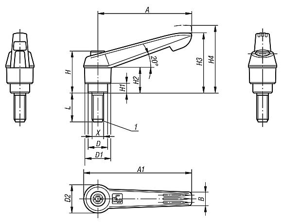 Clamping levers, plastic, with external thread and zinc toothed ring, thread insert stainless steel