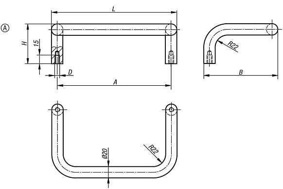 Pull handles, round profile steel, angled, matt chromed or powder coated, mounted from the rear