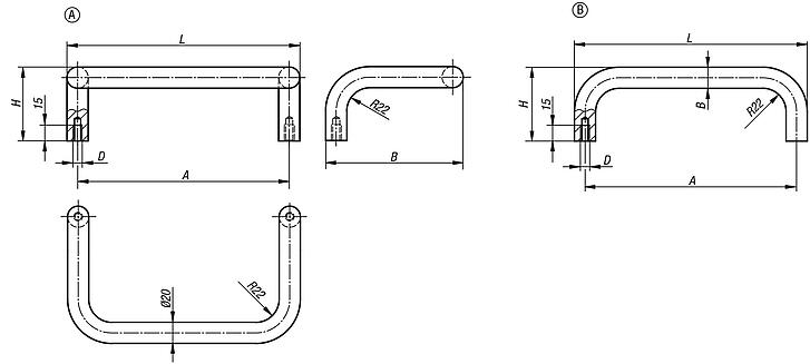 Pull handles, round profile steel, matt chromed or powder coated, mounted from the rear