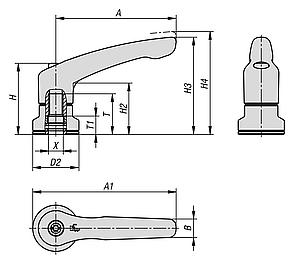 Clamping levers, die-cast zinc with internal thread and clamping force intensifier, threaded insert black oxidised steel