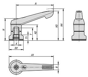 Clamping levers, plastic with internal thread and clamping force intensifier, threaded insert black oxidised steel