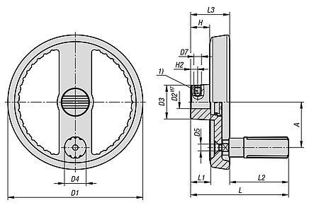 2-spoke handwheels, aluminium with revolving cylinder grip