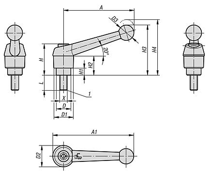 Clamping levers, die-cast zinc, with external thread, black and silver, threaded insert black oxidised steel - inch