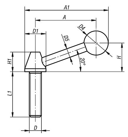 Clamping levers, steel with external thread and plastic ball knob