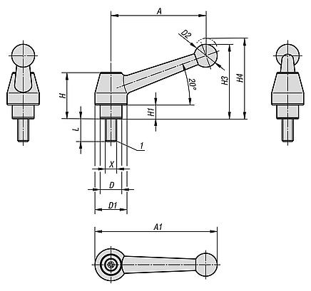 Clamping levers, electropolished stainless steel, with external thread, threaded insert stainless steel, inch