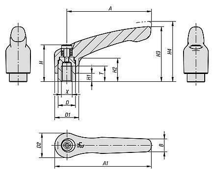 Clamping levers, steel, with internal thread, ruby red, threaded insert black oxidised steel