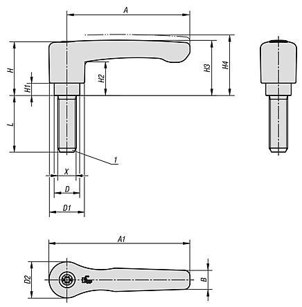 Clamping levers, die-cast zinc, flat with external thread, pure orange satin finish, threaded insert black oxidised steel