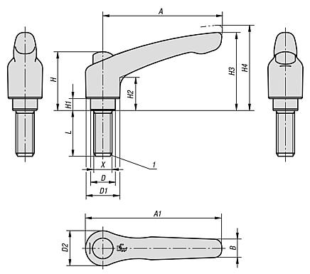 Clamping levers, die-cast zinc, with external thread and protective cap, pure orange satin finish, thread insert stainless steel