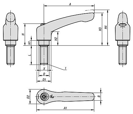 Clamping levers, die-cast zinc with external thread, threaded insert stainless steel
