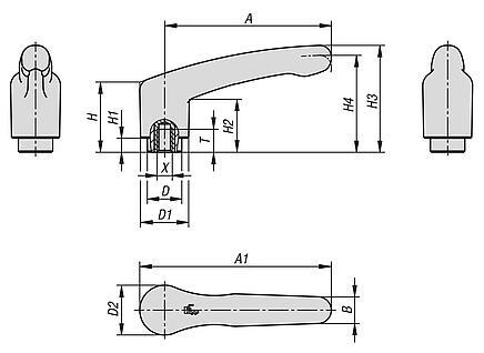 Clamping levers, plastic, metal detectable with internal thread, threaded insert stainless steel