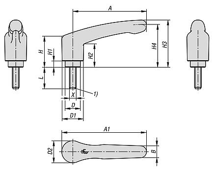Clamping levers ECO, plastic with external thread, threaded insert blue passivated steel
