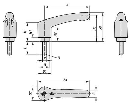 Clamping levers, plastic, with external thread and safety function, threaded pin blue passivated steel