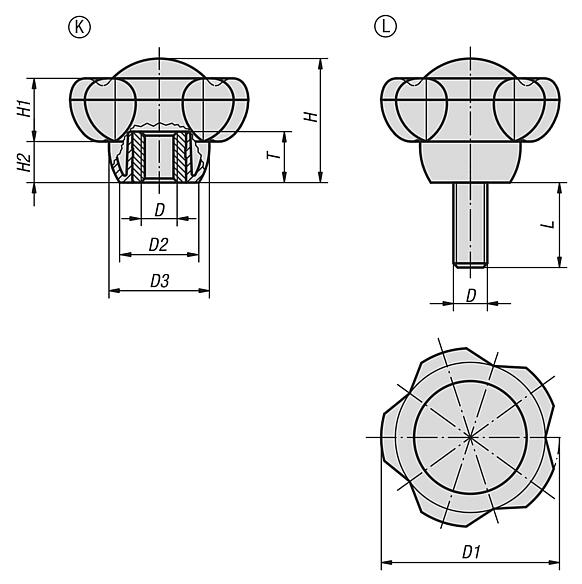 Five lobe grips, plastic with cap, threaded inserts steel or stainless steel