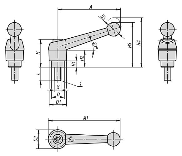 Clamping levers die-cast zinc, with external thread, black and silver, threaded insert stainless steel