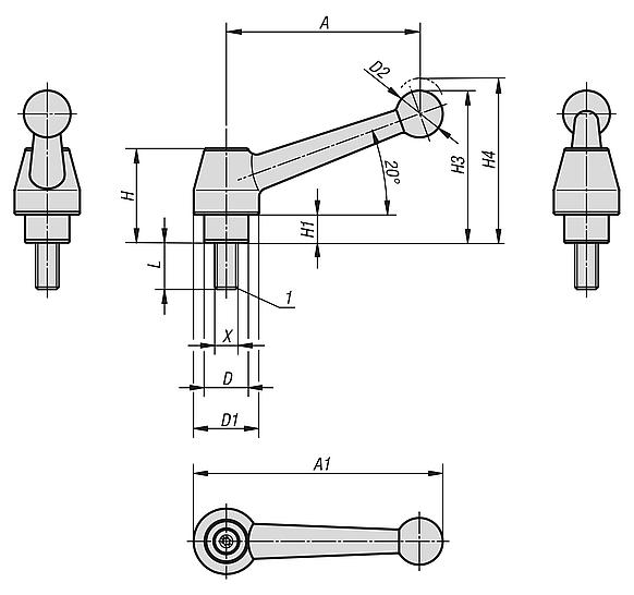 Clamping levers, electropolished stainless steel, with external thread, threaded insert stainless steel
