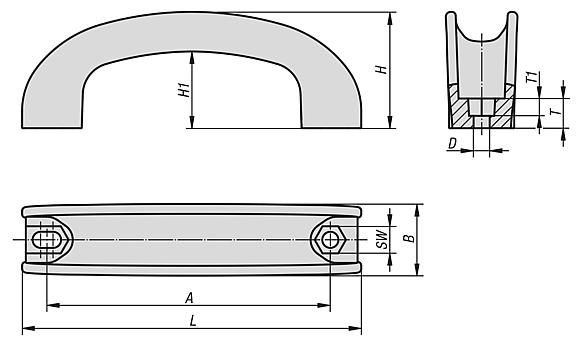 Pull handles arched, plastic U-profile with slotted hole