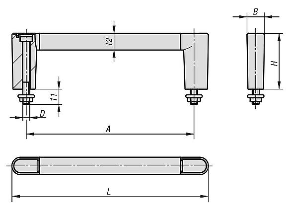 Pull handles, aluminium with plastic grip legs and caps, mounted from front