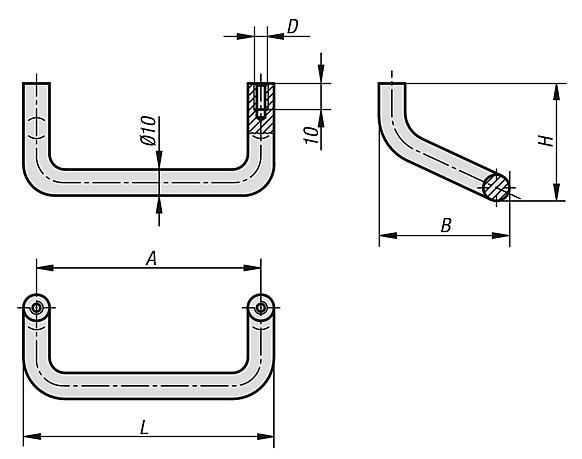 Pull handles, anodised aluminium, rounded angled, round profile Ø10, mounted from the rear