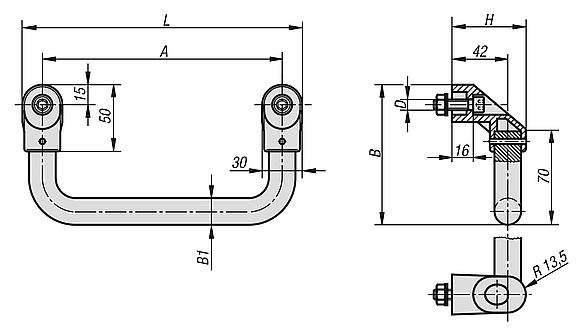 Tubular handles, aluminium, angled with plastic grip legs