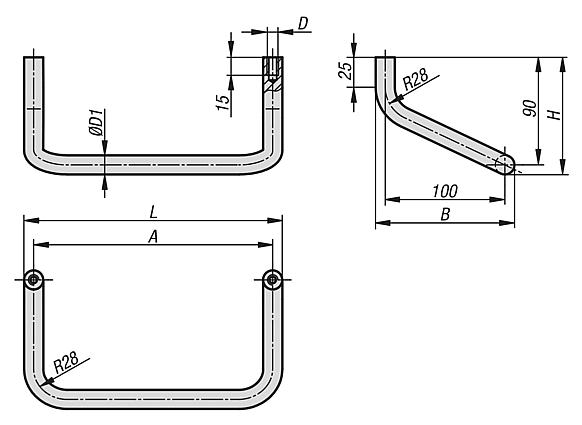 Pull handles, anodised aluminium, rounded angled, round profile Ø16 and 18, mounted from the rear