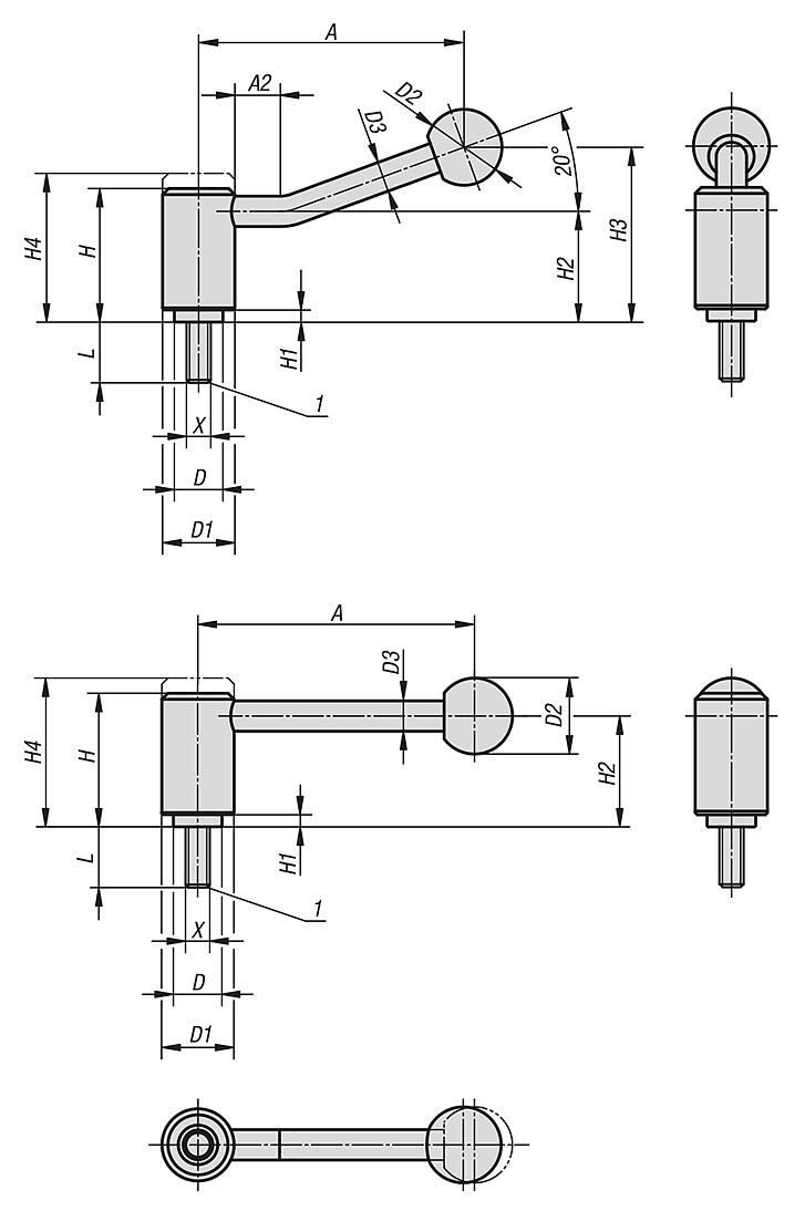 Tension levers with external thread, inch