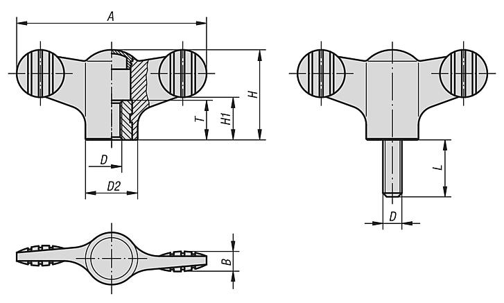 Wing grips with cap, plastic, threaded insert steel or stainless steel - inch
