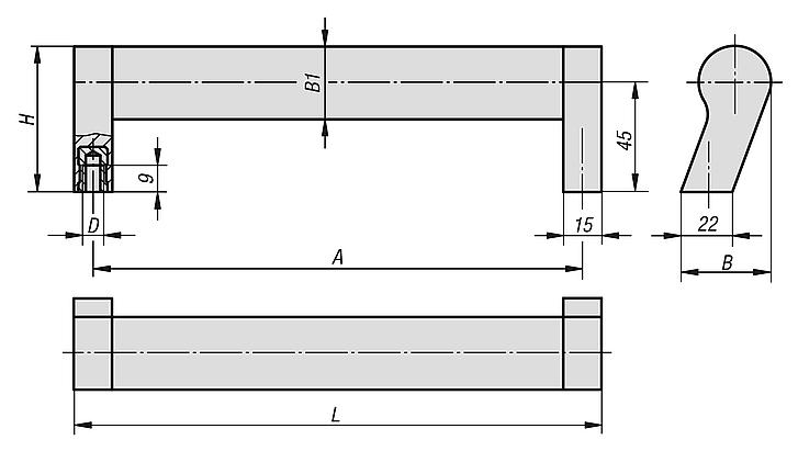 Tubular handles, aluminium with plastic grip legs, oblique