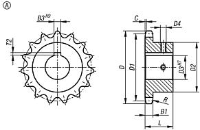 Zincir çarkları, tekli, 1/2" x 5/16" DIN ISO 606, montaj için hazır, Form A