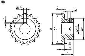 Zincir çarkları, tekli, 1/2" x 5/16" DIN ISO 606, montaj için hazır, Form B