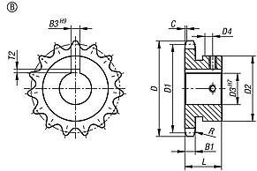 Zincir çarkları, tekli, 5/8" x 3/8" DIN ISO 606, montaj için hazır, Form B