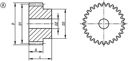 Steel spur gears, module 2, milled toothing, straight-toothed, 20° engagement angle, Form A, with hub